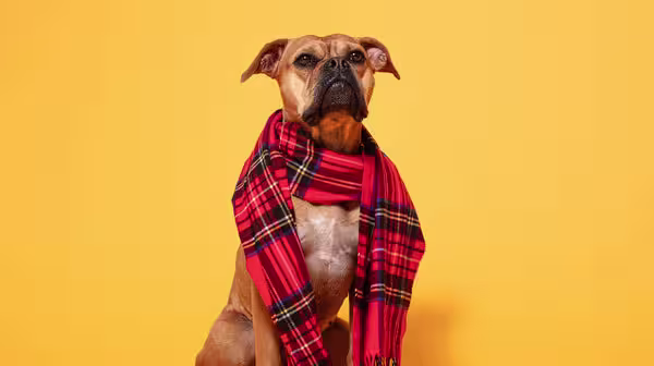 A cute, Old Thyme Bulldog wrapped up in a tartan scarf