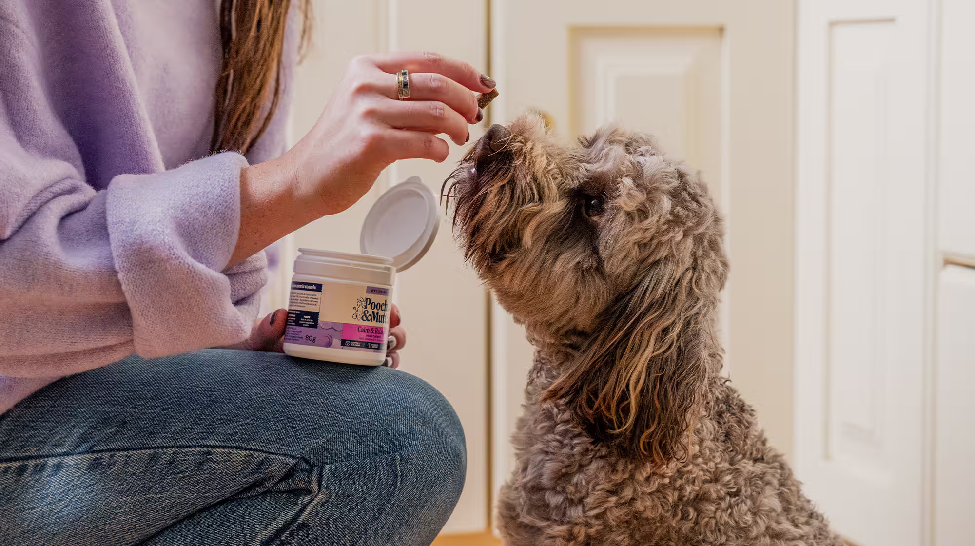 A brown, fluffy dog receiving a Pooch & Mutt Calm & Relaxed Hemp Chew from their owner.
